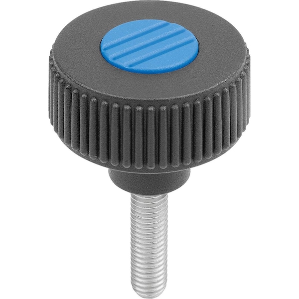 Kipp Knurled Knob Size:2, D1=50 D=M10X30, Form:L, Plastic Black, Comp:Stainless, Cap:Blue K0261.52103X30 - main